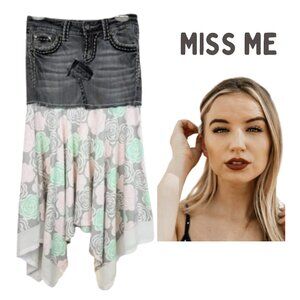 MISS ME Refashioned Upcycled Below Knee Floral Jean Skirt - Women's 26 Waist